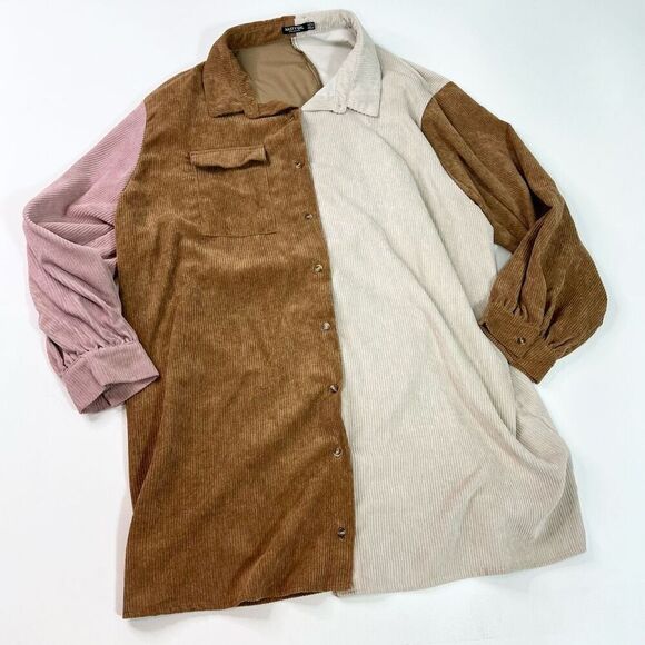 Nasty Gal Shirt Dress Womens 18 Button Up Corduroy Color Block patchwork fall - Picture 1 of 11